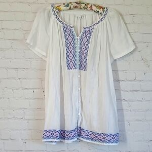 J Jill White SS Embroidered Pink Purple Blue Button Front Flowy Top Womens Sz M